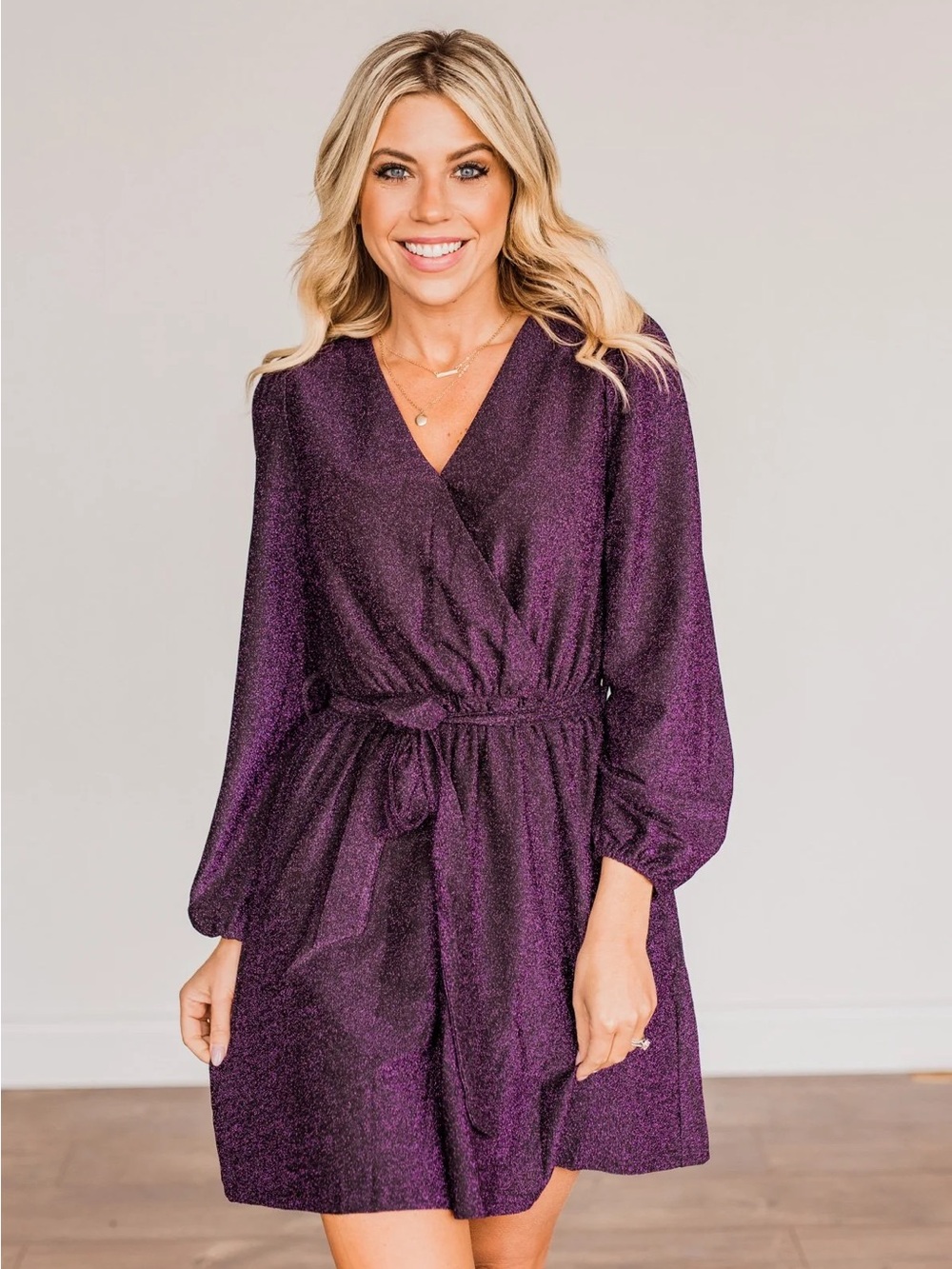 Andree by Unit Magenta Pink Purple Metallic Wrap Long Sleeve Dress Tie Belt